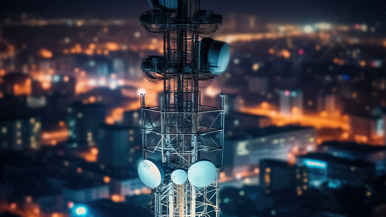 5G mast in a cityscape at night