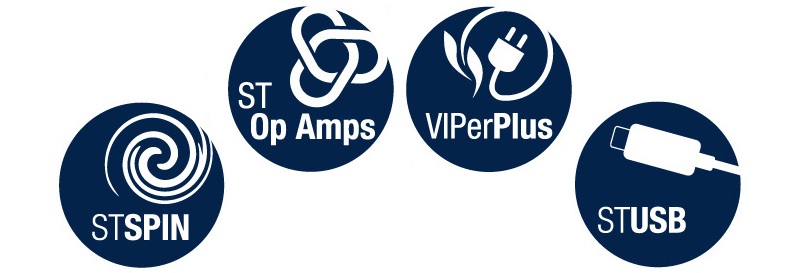 ST OpAmps, VIPerPlus, STPOWER, STSPIN, STUSB logos