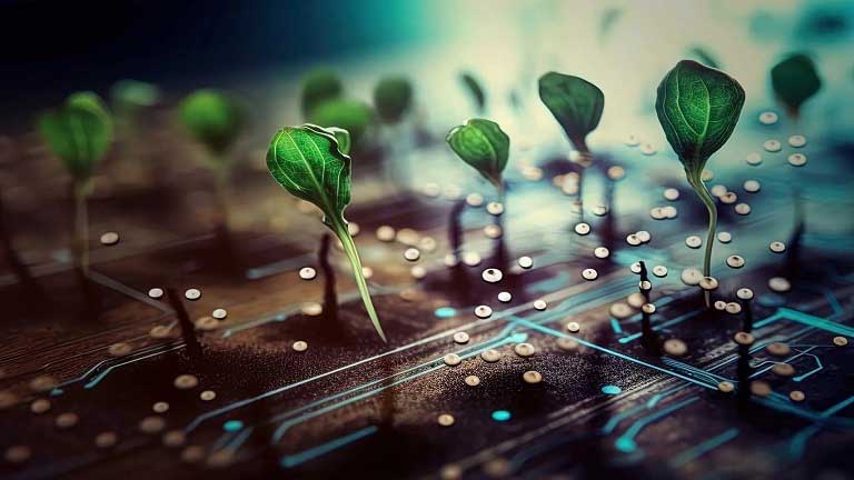 seedlings growing out of a circuit board