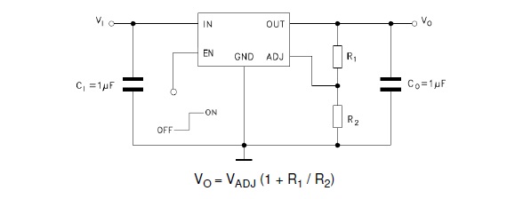 Figure 7 - An example application use case with the adjustable output voltage variant of the LDK130 (source ST)
